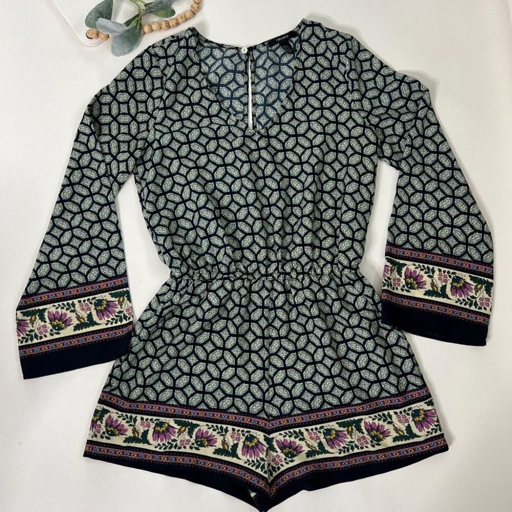 Forever 21 Geometric Floral Long Sleeve Romper  With Pockets Sz M